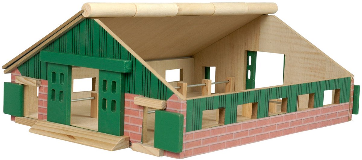 Houten speelgoedstal met groene deuren