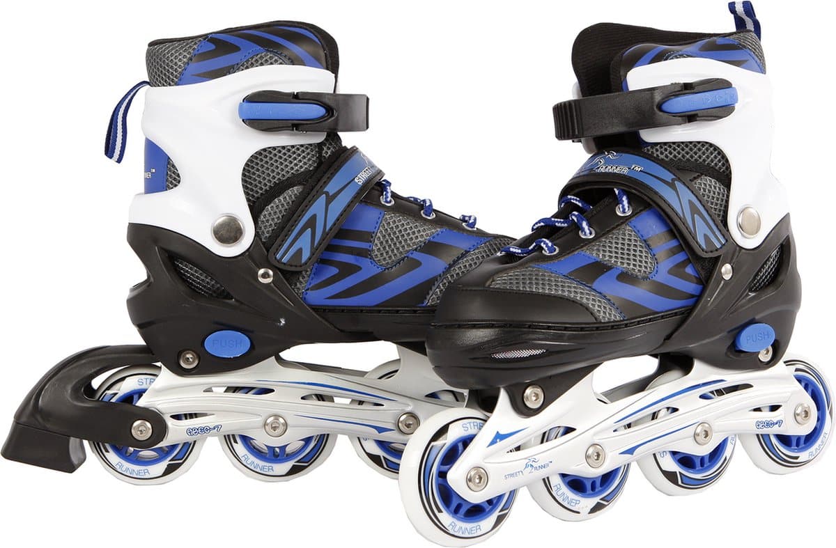 Blauwe en zwarte inline skates met vier wielen