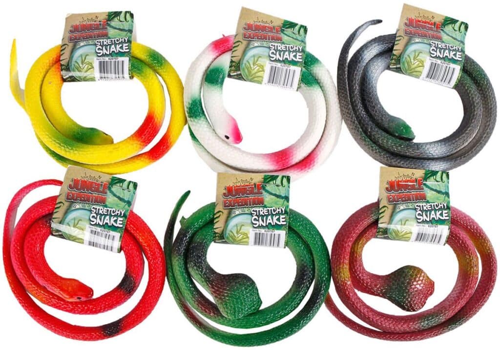 Zes kleurrijke, elastische kunststof slangen speelgoed.