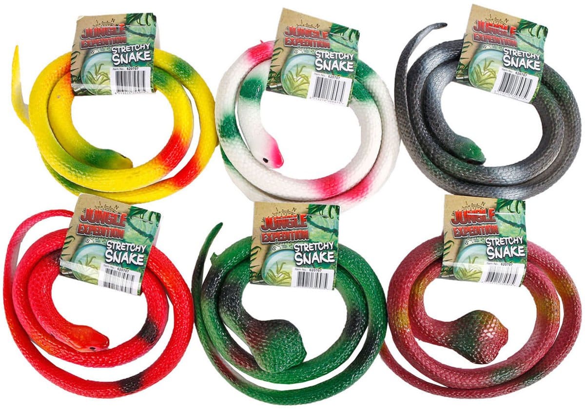 Zes kleurrijke, elastische kunststof slangen speelgoed.