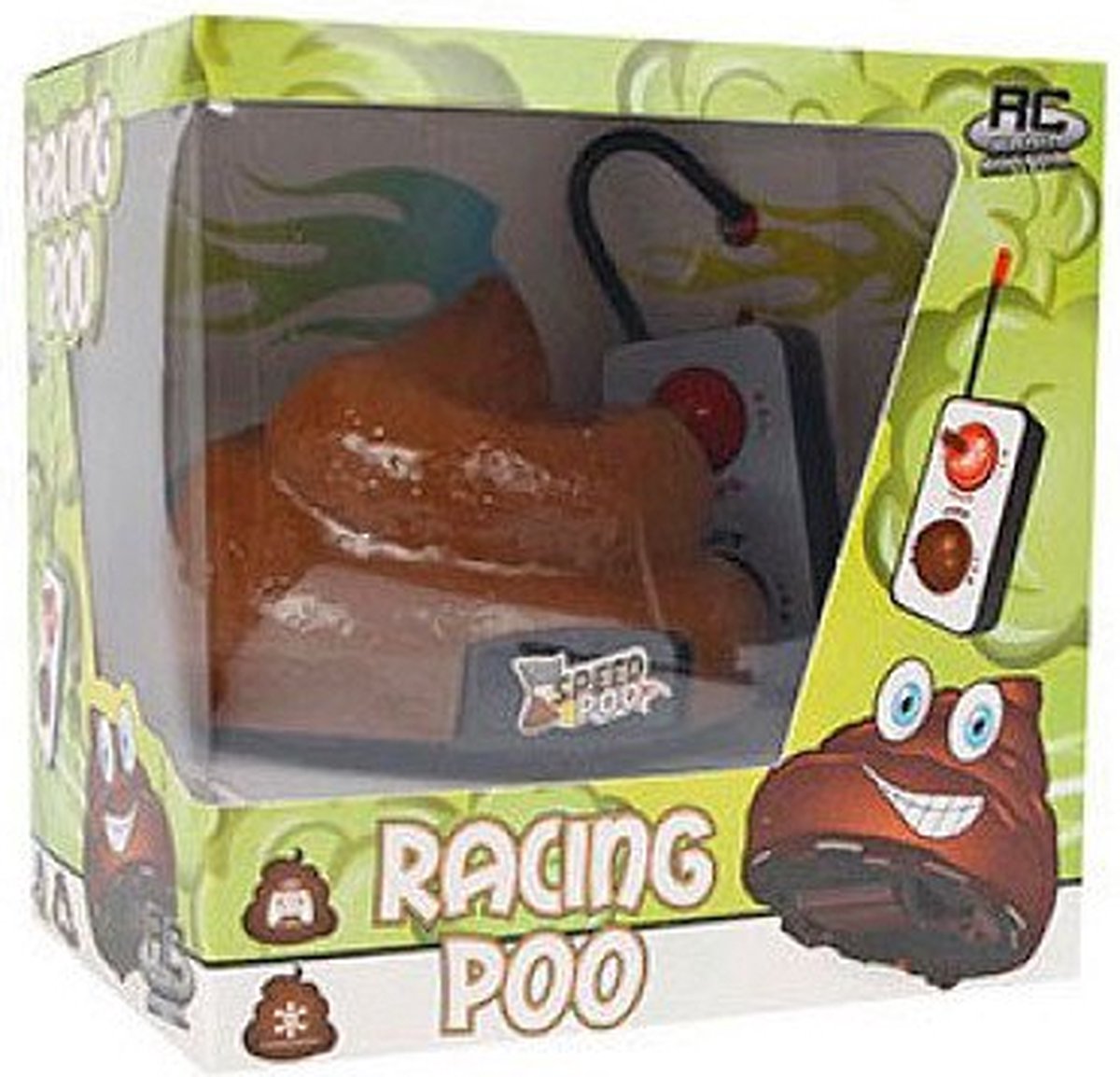 Speelgoed auto in de vorm van een drol met afstandsbediening