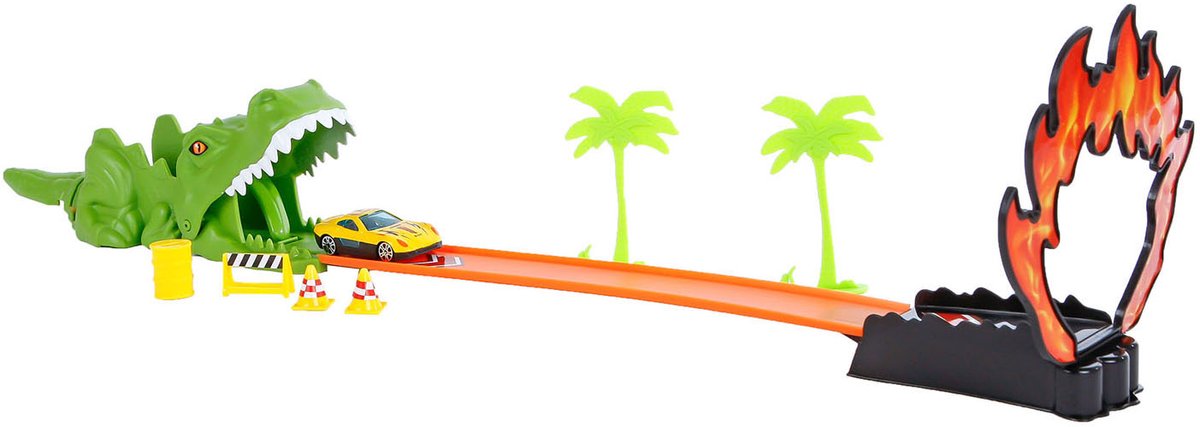 Speelgoedautobaan met dinosaurus en vuurmotief.