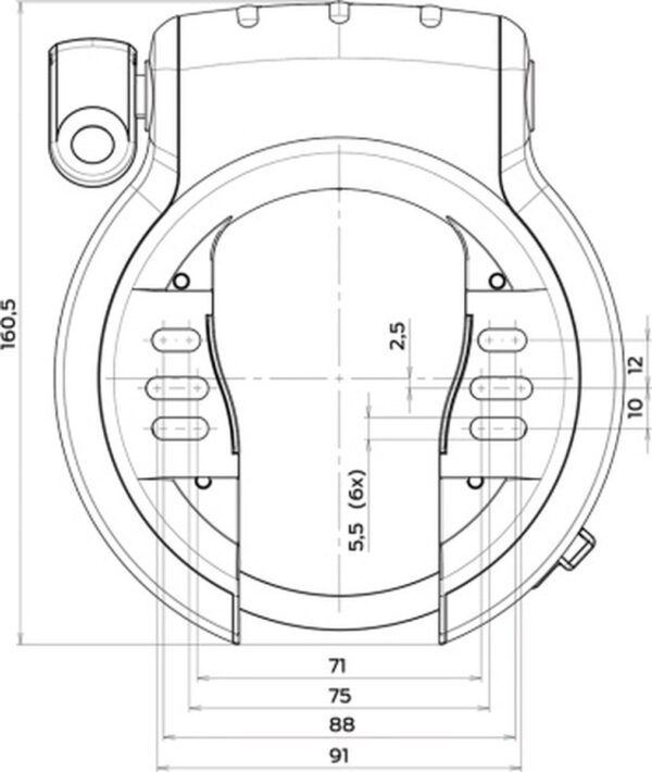 Technische tekening van een fietsslot met afmetingen.