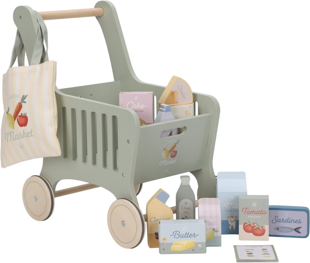 Speelgoed boodschappentrolley met etenswaren en tas