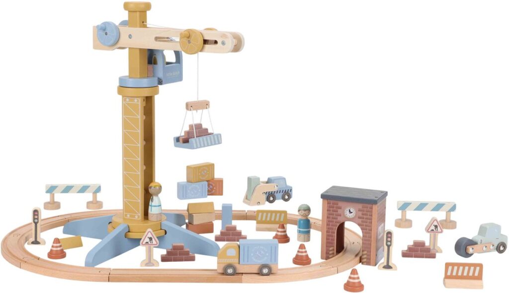 Houten bouwspeelgoed met kraan en voertuigen