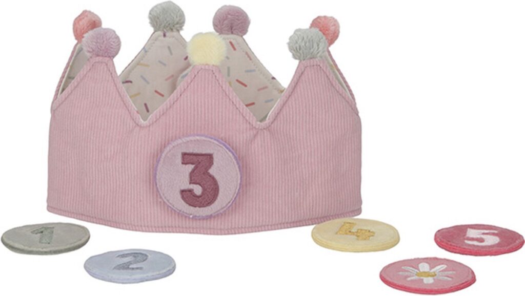 Roze verjaardagskroon met cijfers 1 tot 5.