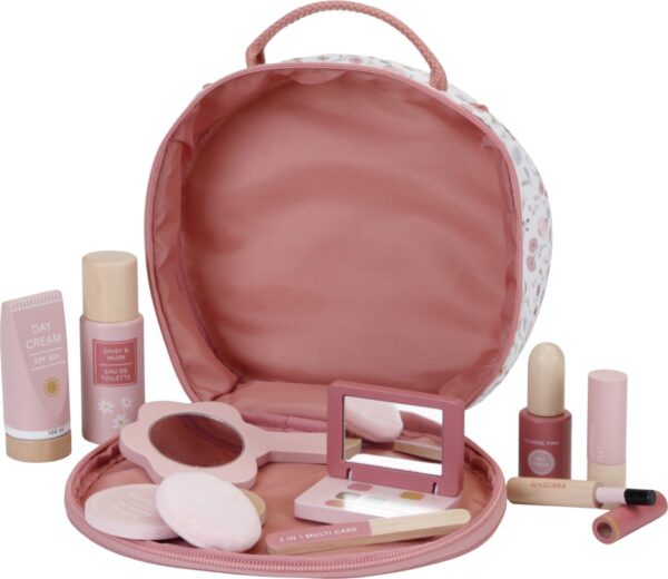 Roze make-upspeelgoedset met tas en accessoires.