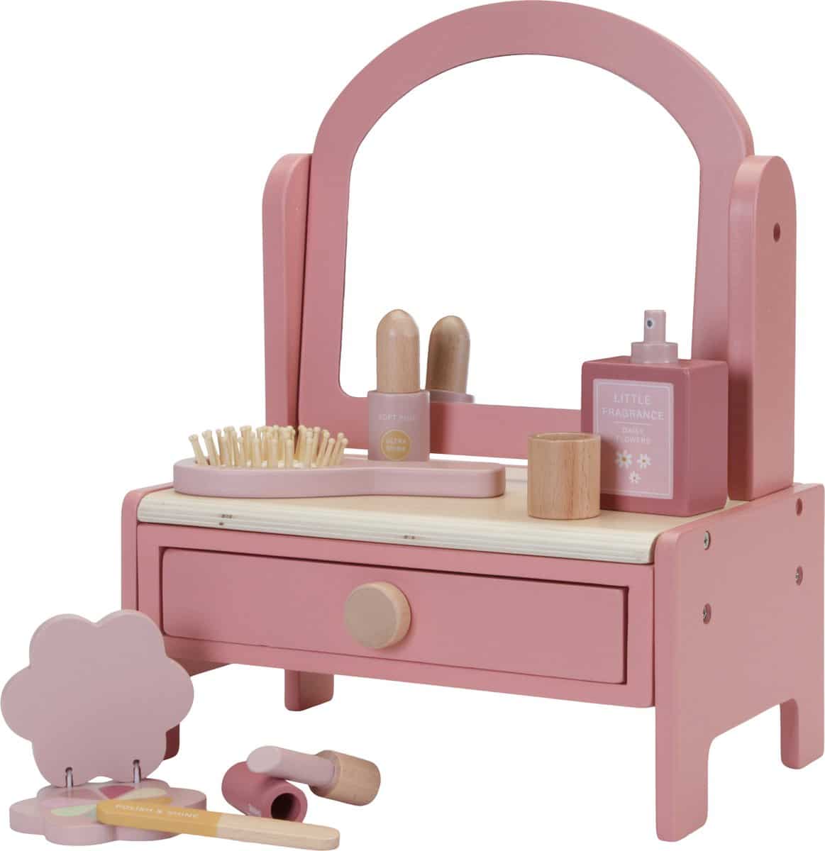 Roze speelgoed kaptafel met accessoires voor kinderen.