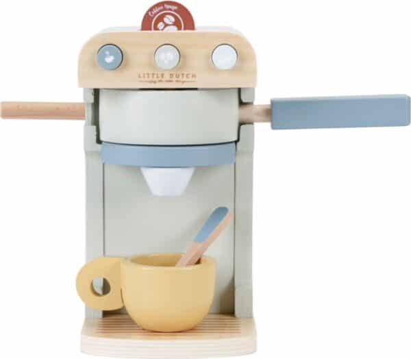 Houten speelgoed koffiemachine met kopje en lepel.