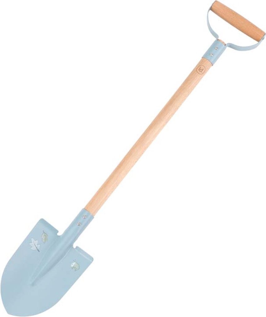Kinder schep met houten steel en blauw blad.
