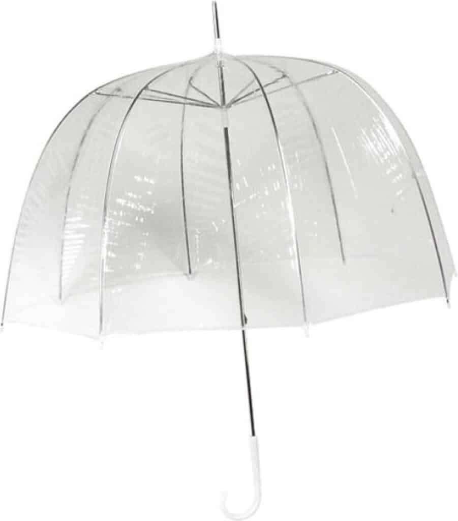 Transparante paraplu met kromme handgreep.
