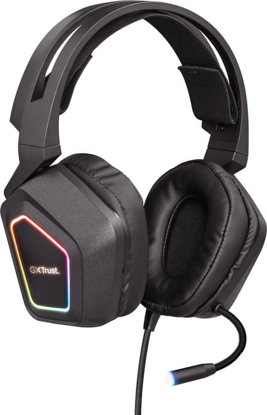 Gaming headset met kleurrijke verlichting en microfoon.