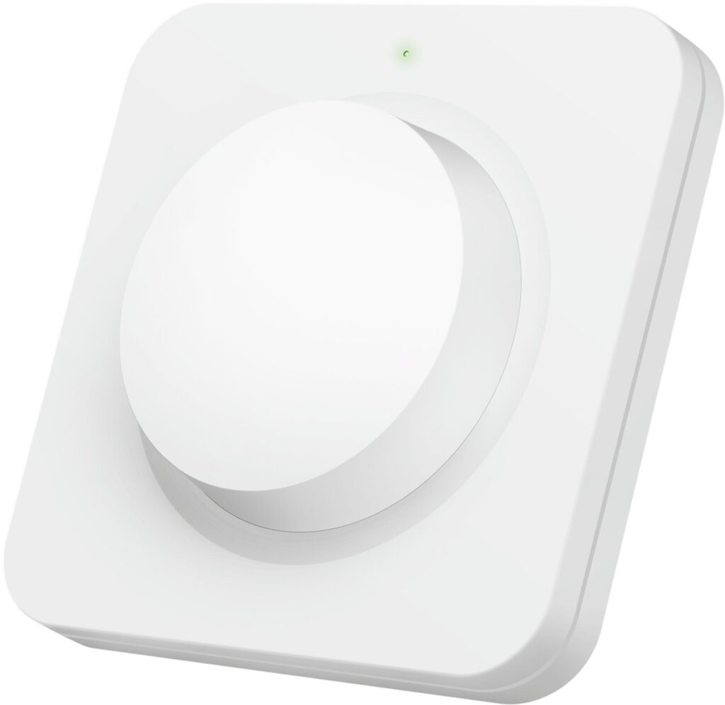 Wit vierkant apparaat met draaiknop en groene LED