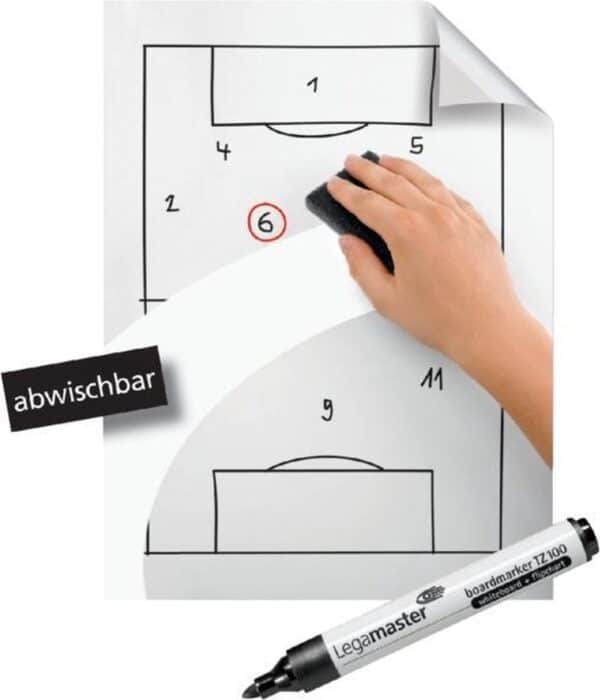 Uitwisbaar bord met hand en stift, voetbalveld tekening