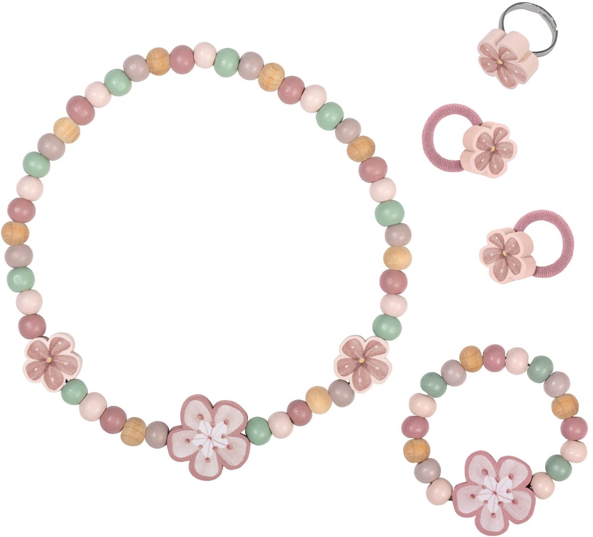 Ensemble de bijoux pour enfants avec fleurs et perles.