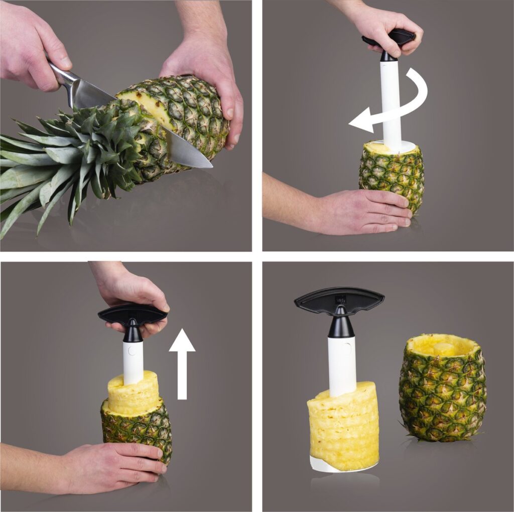 Ananas snijden en schillen met speciaal gereedschap.