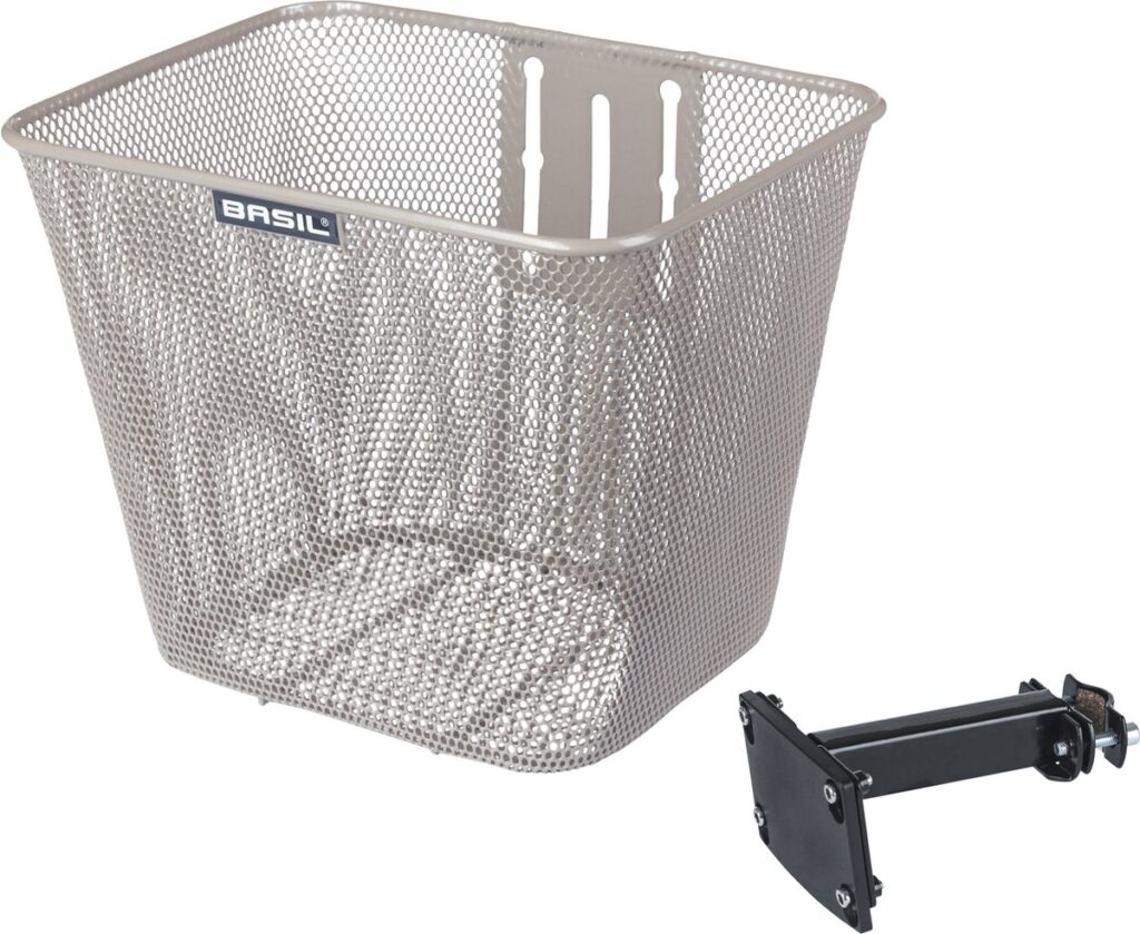 Fietsmand met bevestigingsbeugel, zilverkleurig gaasontwerp.