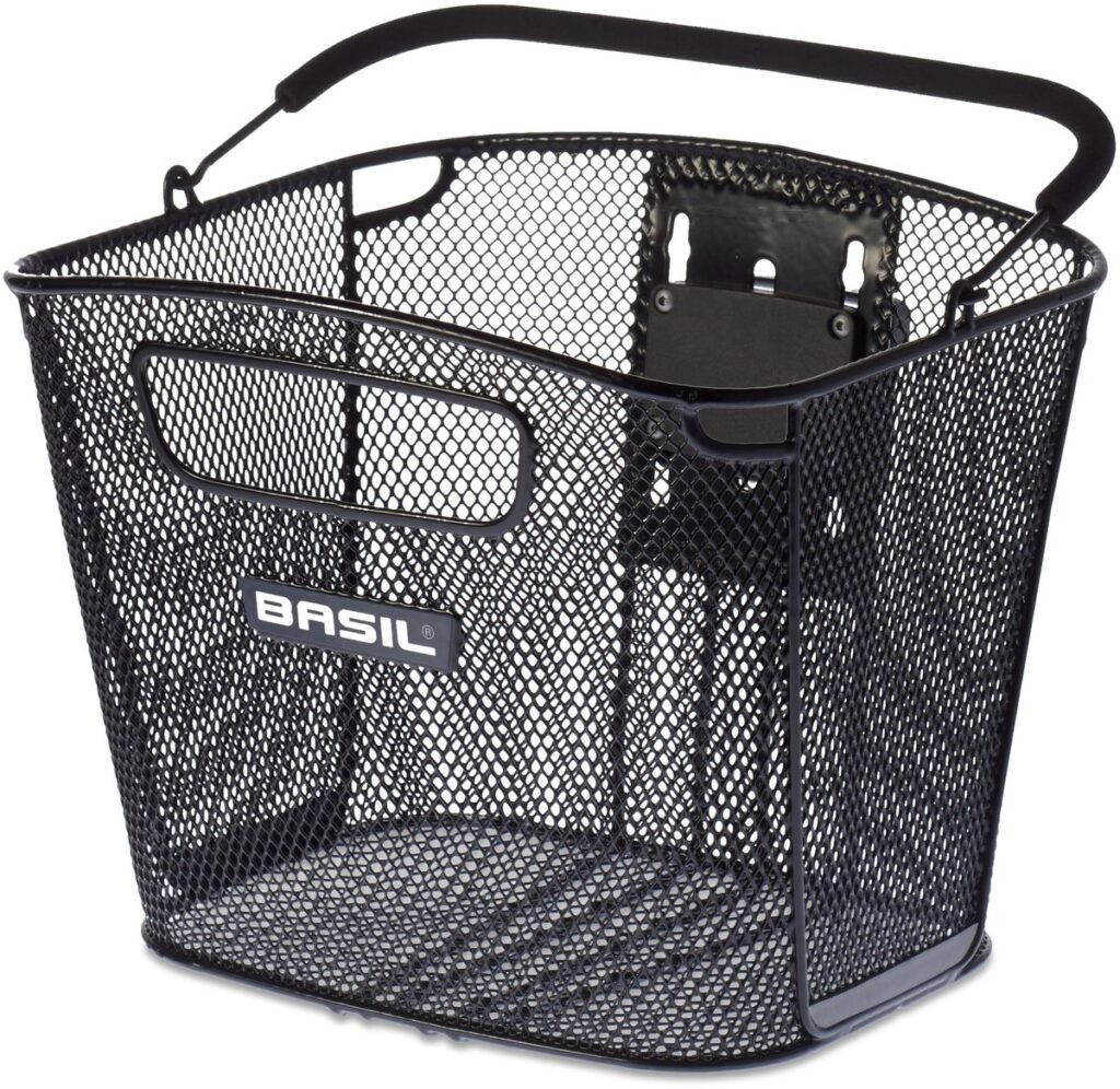 Zwarte metalen fietsmand met handvat