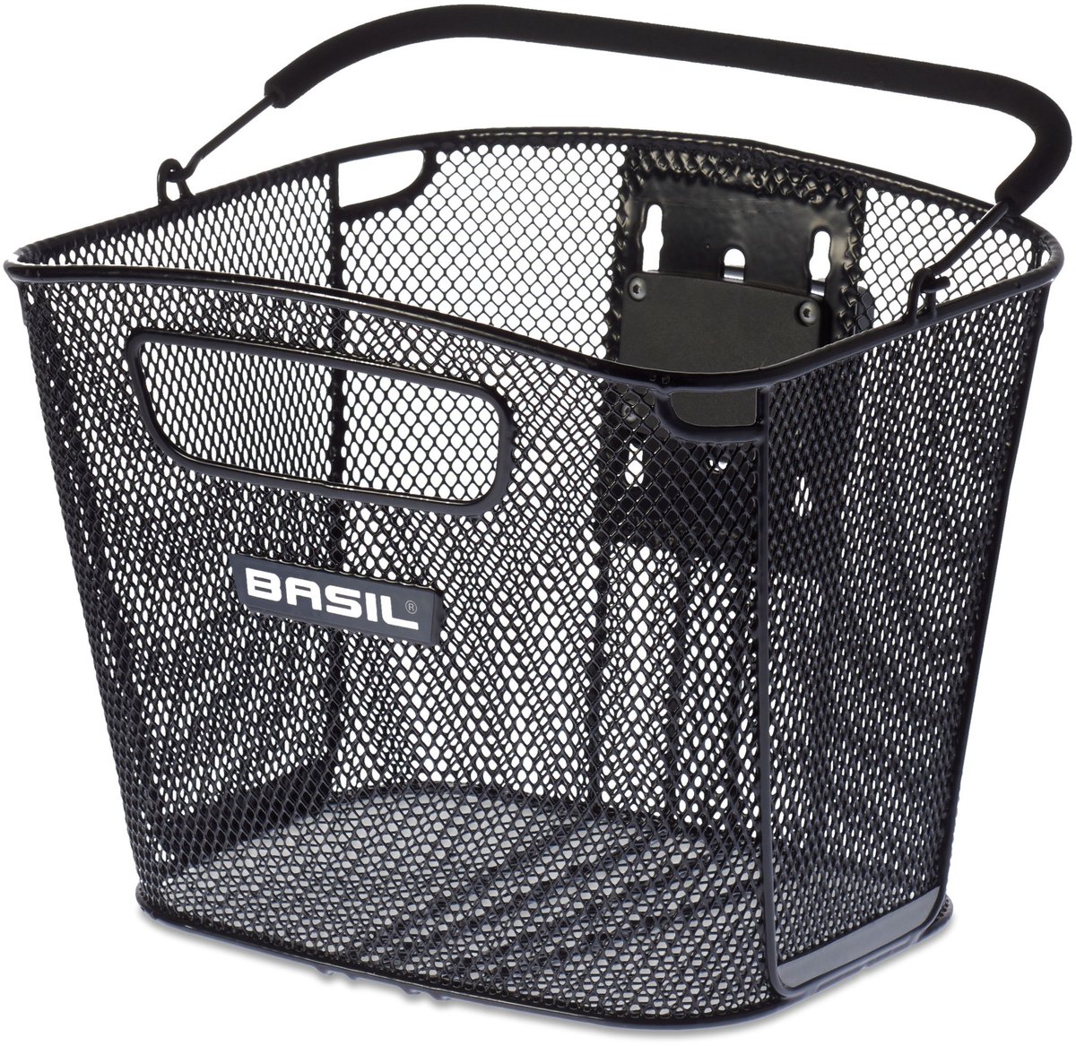 Zwarte metalen fietsmand met handvat