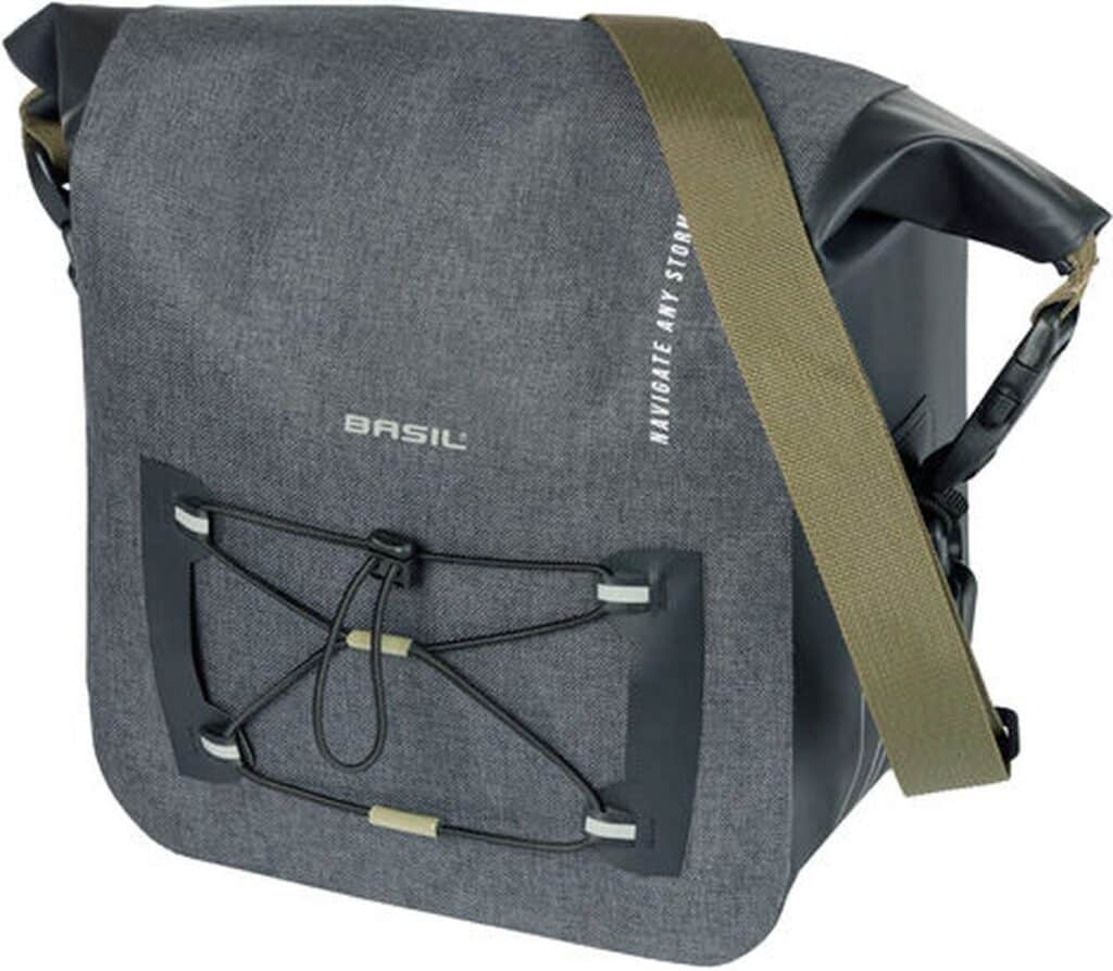 Grijze fietstas met schouderband en elastiekdetails