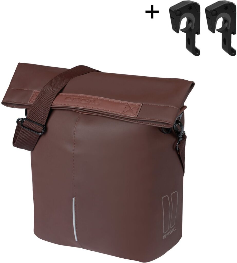 Brown Basil bike bag with shoulder strap and hooks