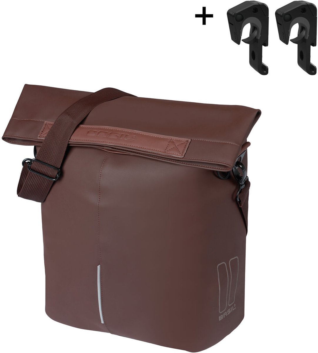 Brown Basil bike bag with shoulder strap and hooks