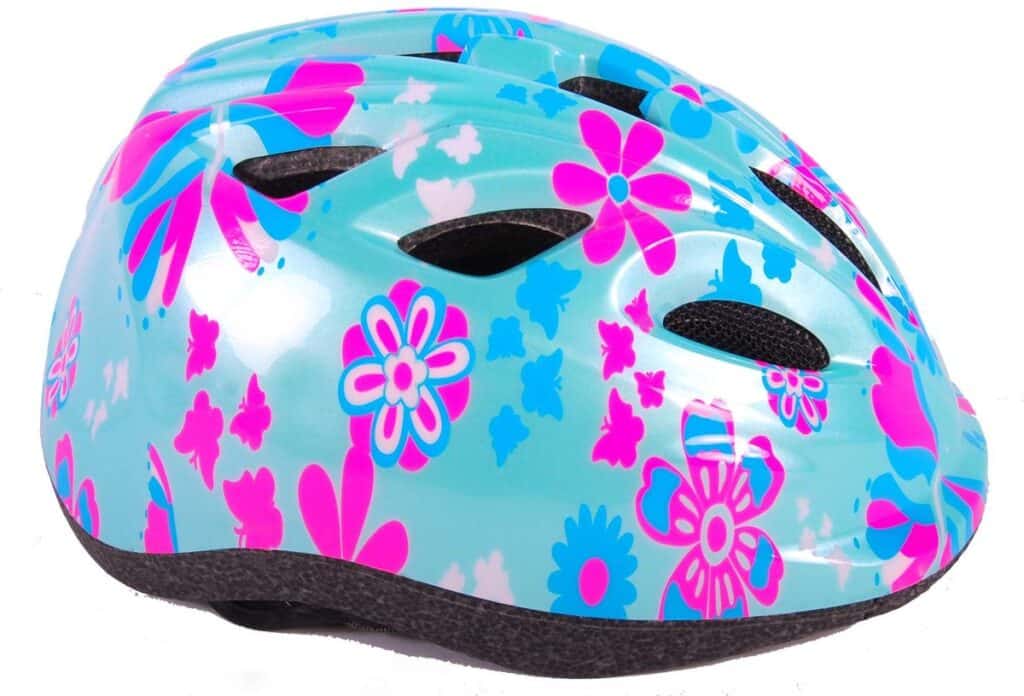 Blauwe kinderhelm met roze bloemenpatroon