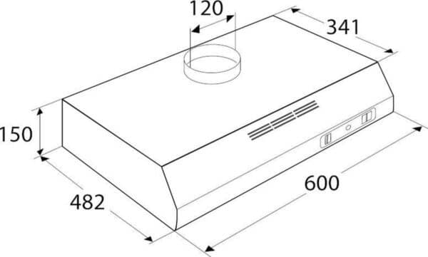 Afzuigkap ontwerp met afmetingen in centimeters.