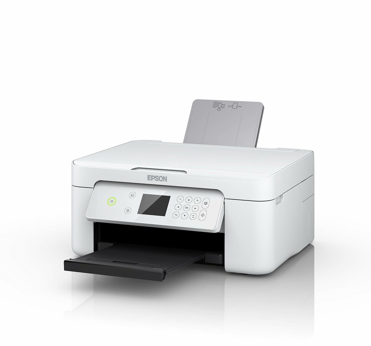 Witte multifunctionele printer met bedieningspaneel en papierlade.