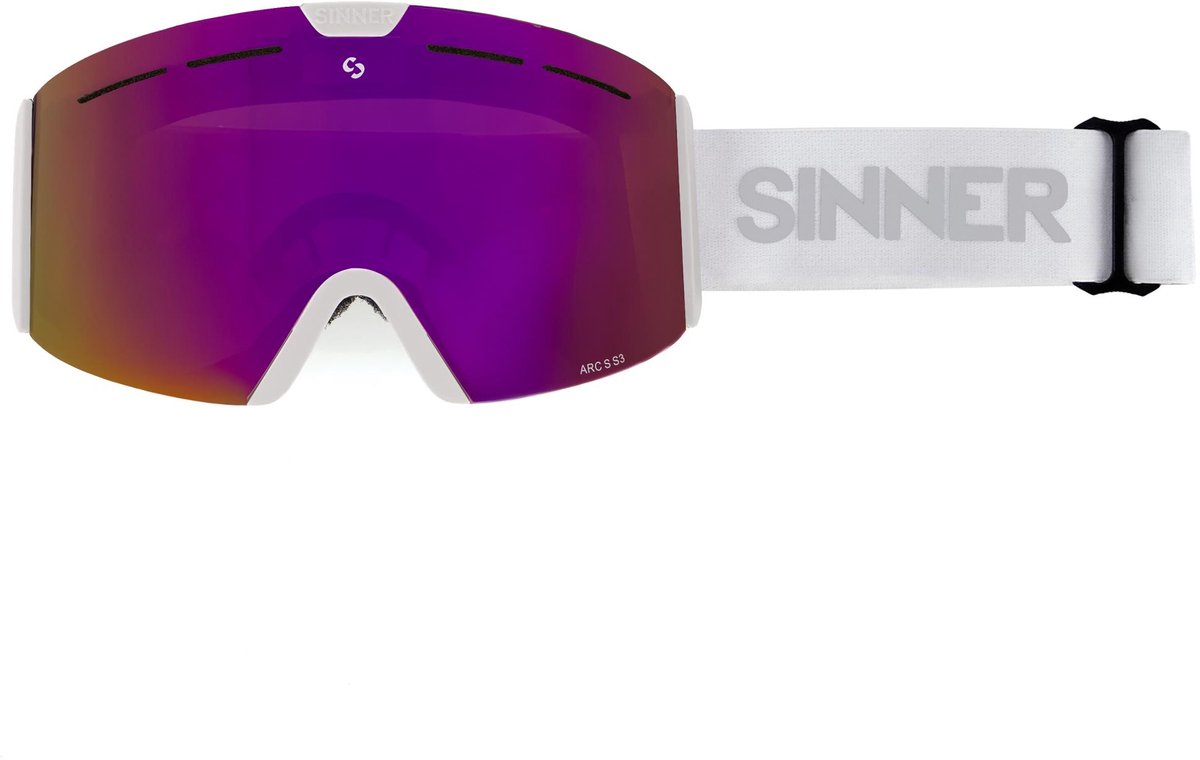 Skibril met paarse spiegelende lens en witte band