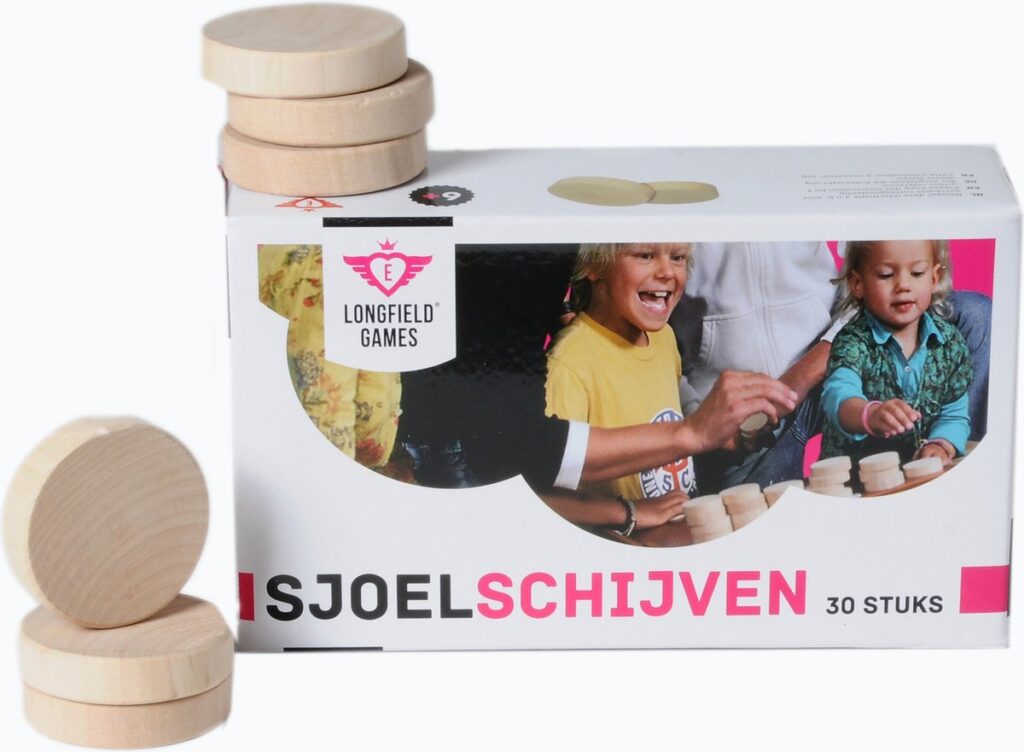 Sjoelschijven verpakking met houten schijven zichtbaar.