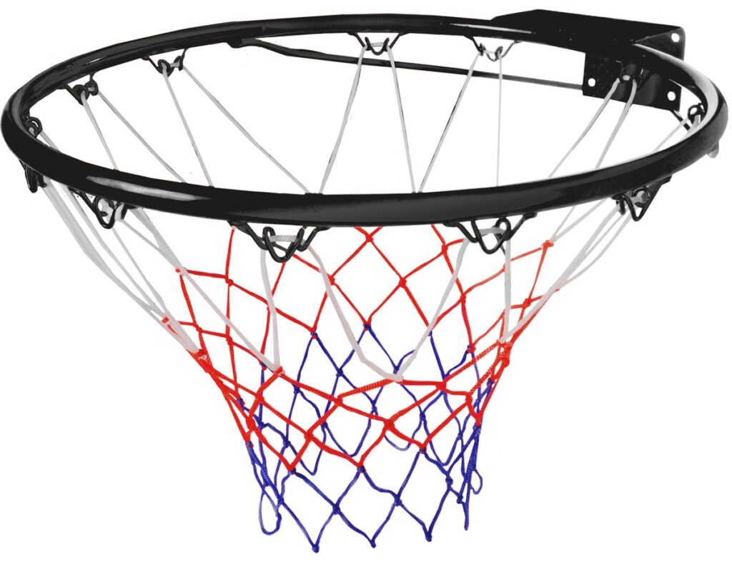 Basketbalring met rood-wit-blauw net.