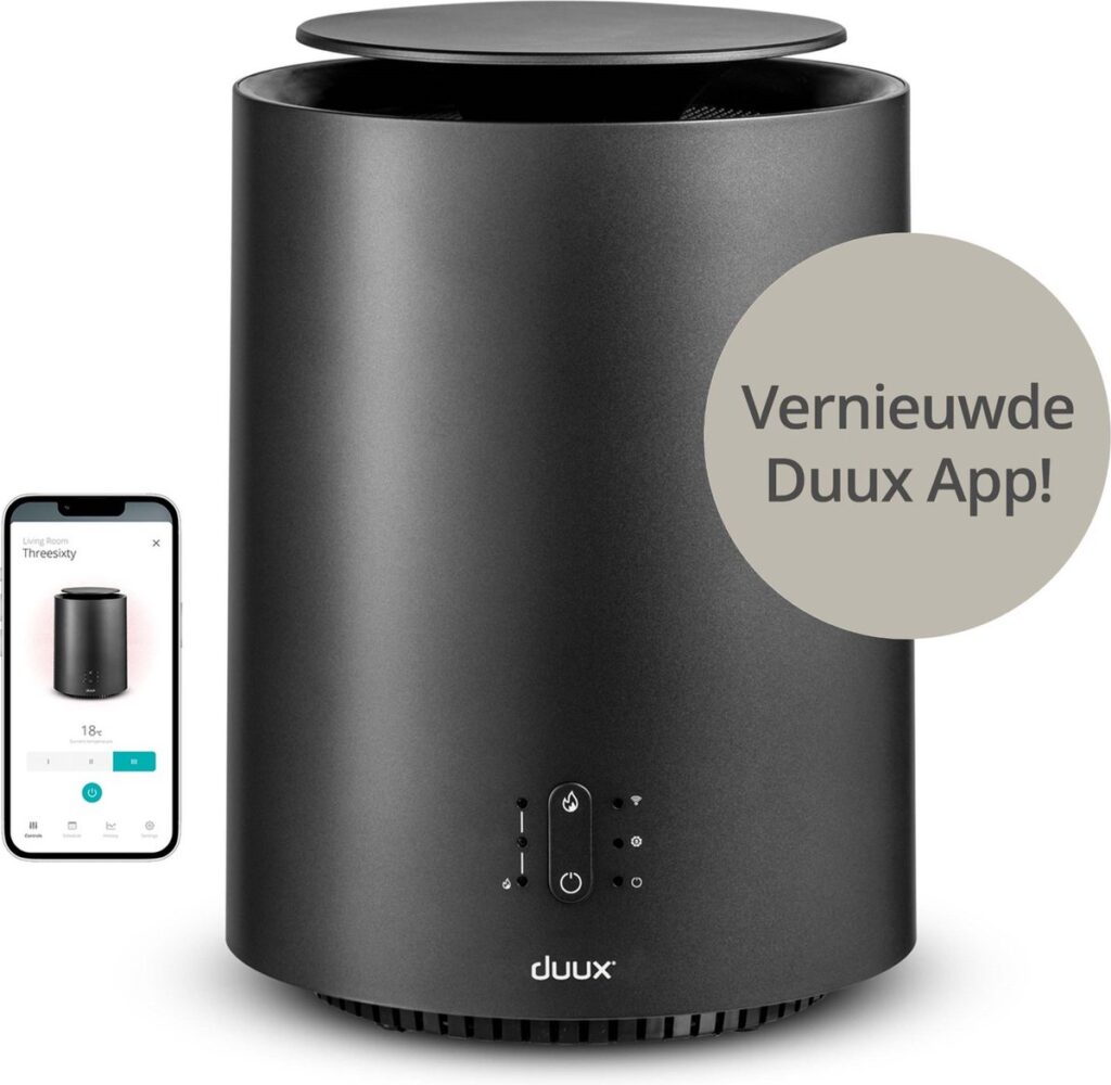 Zwarte luchtzuiveraar met vernieuwde Duux app-bediening.