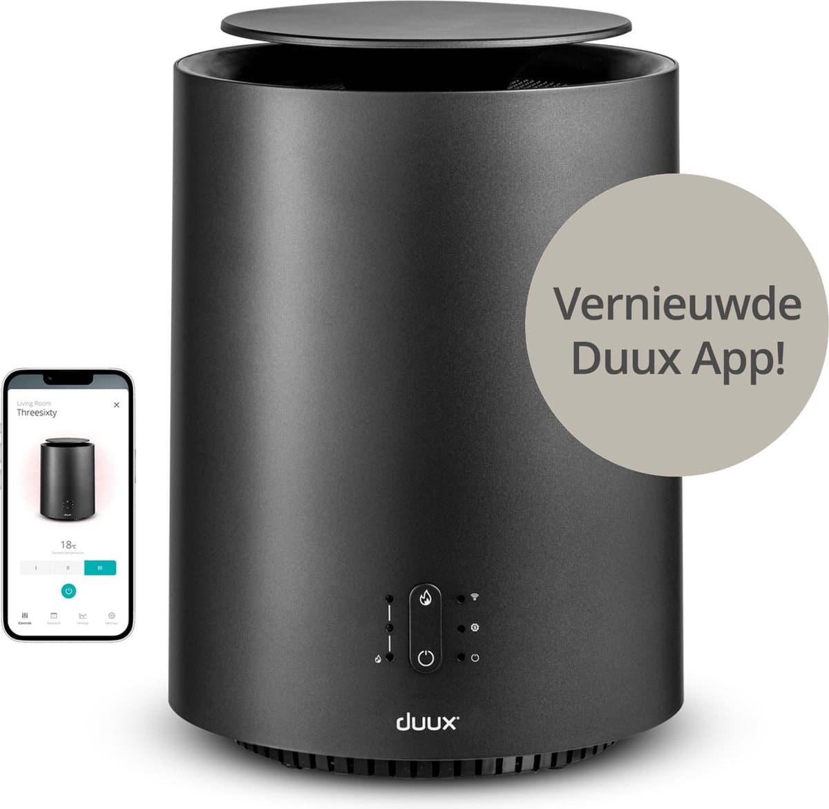 Zwarte luchtzuiveraar met vernieuwde Duux app-bediening.