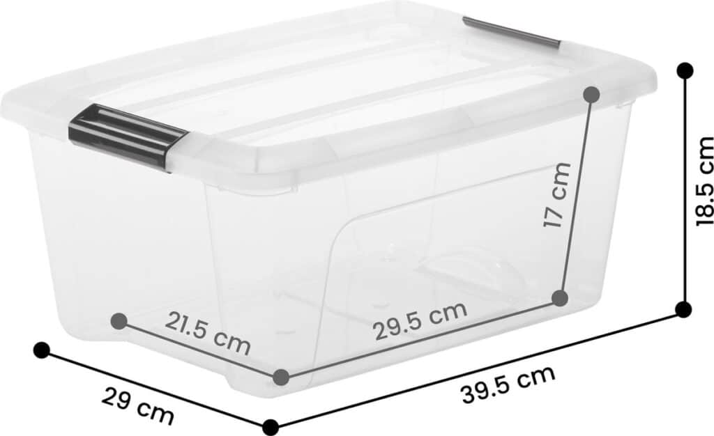 Transparante opbergdoos met afmetingen in centimeters.