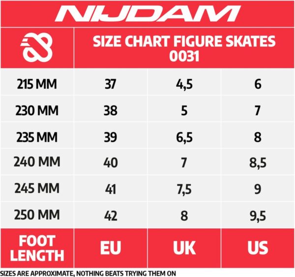 Schaatsmaattabel voor EU, UK, US maten.