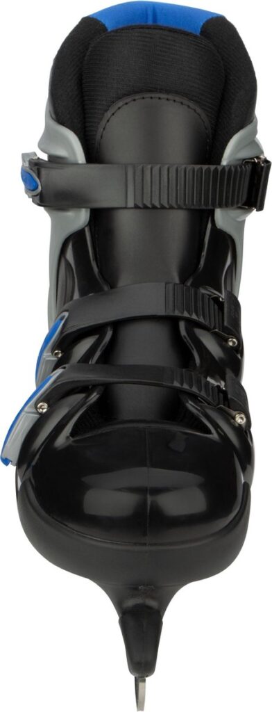 Zwarte schaatsschoen met sluitingen en blauwe details.