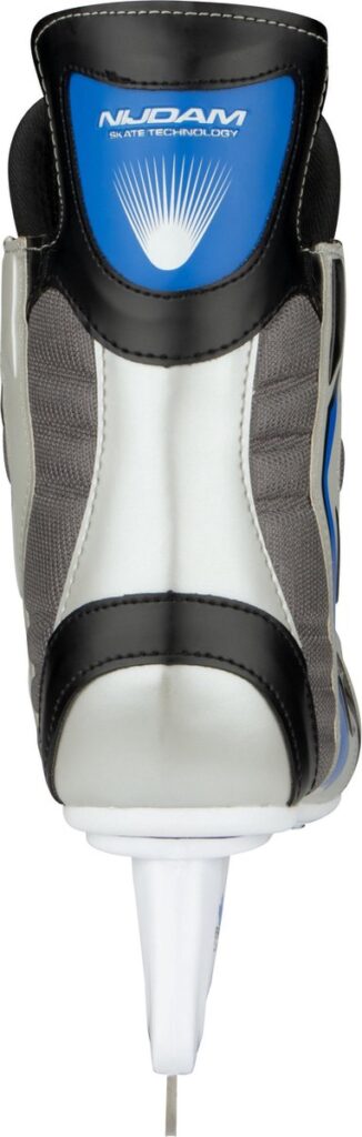 Achterkant van een schaats met blauwe details.