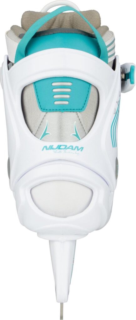Witte schaatsschoen met turquoise details, bovenaanzicht.