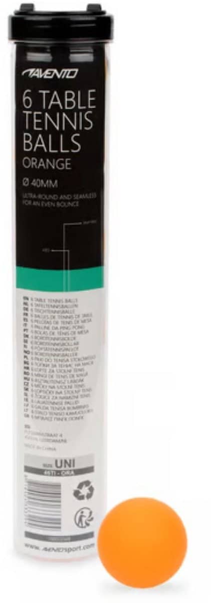 Oranje tafeltennisballen in verpakking, zes stuks.