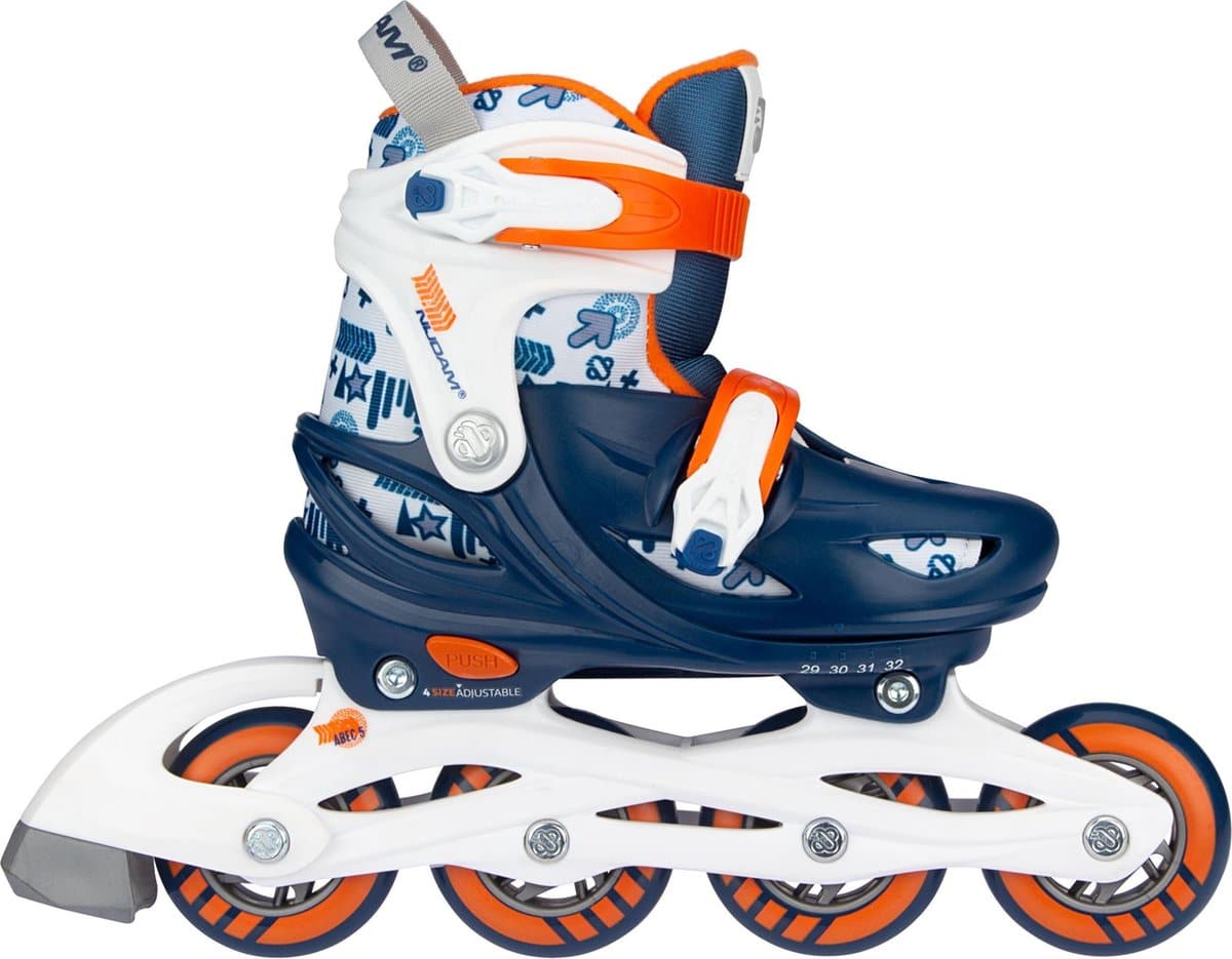 Blue children's inline skates with orange wheels and accents.