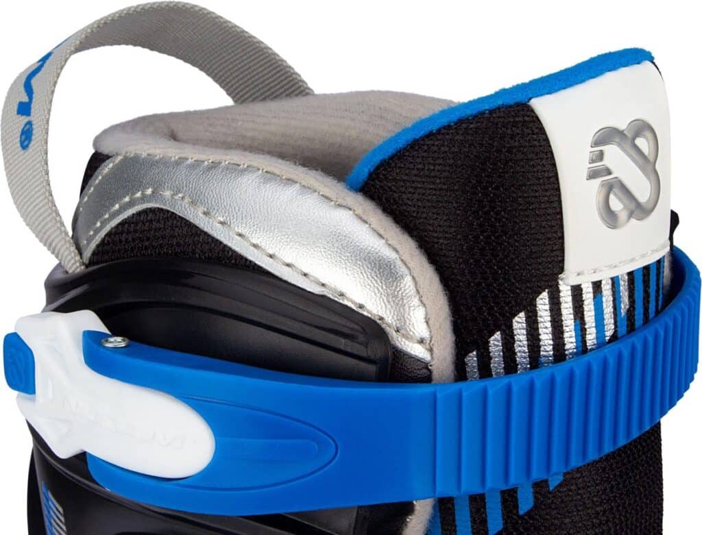 Close-up of a blue skate with silver accents.