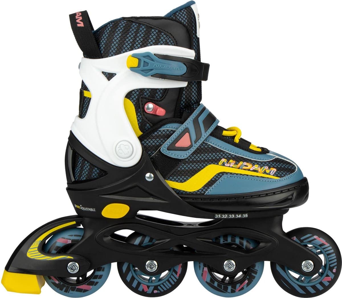 Colorful, adjustable inline skates with four wheels