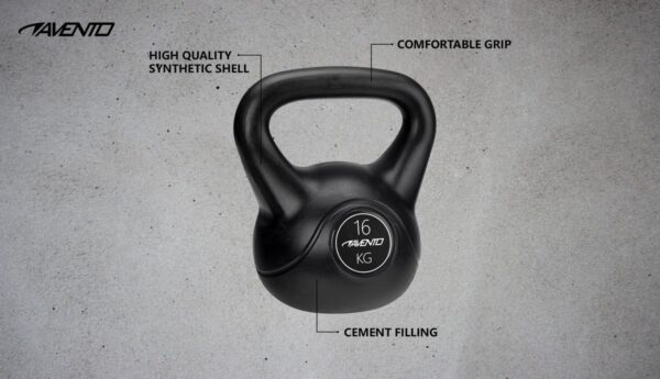 Zwarte kettlebell van 16 kg met comfortabele grip.