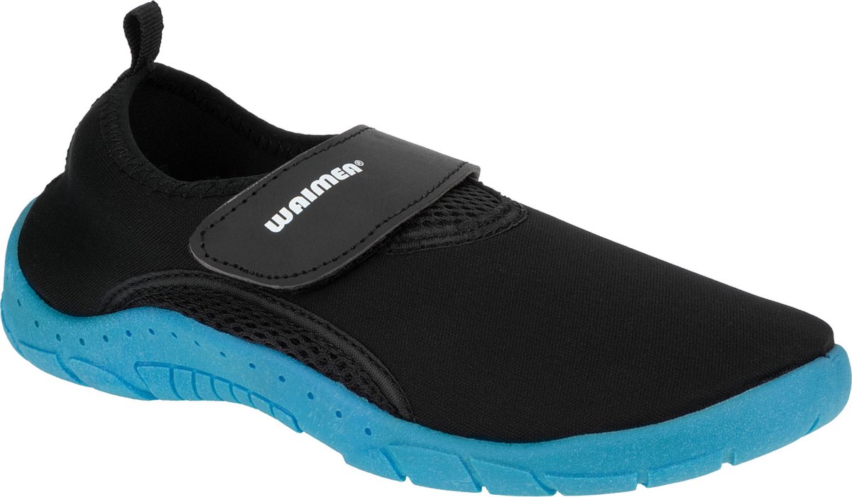 Black water shoe with blue sole and Velcro fastening.