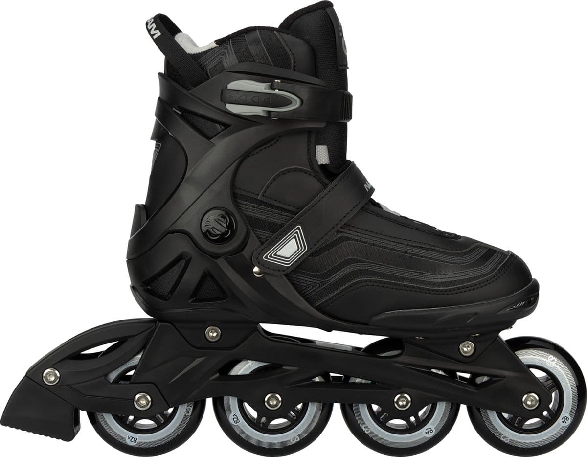Zwart inline skate met vier wielen zijaanzicht