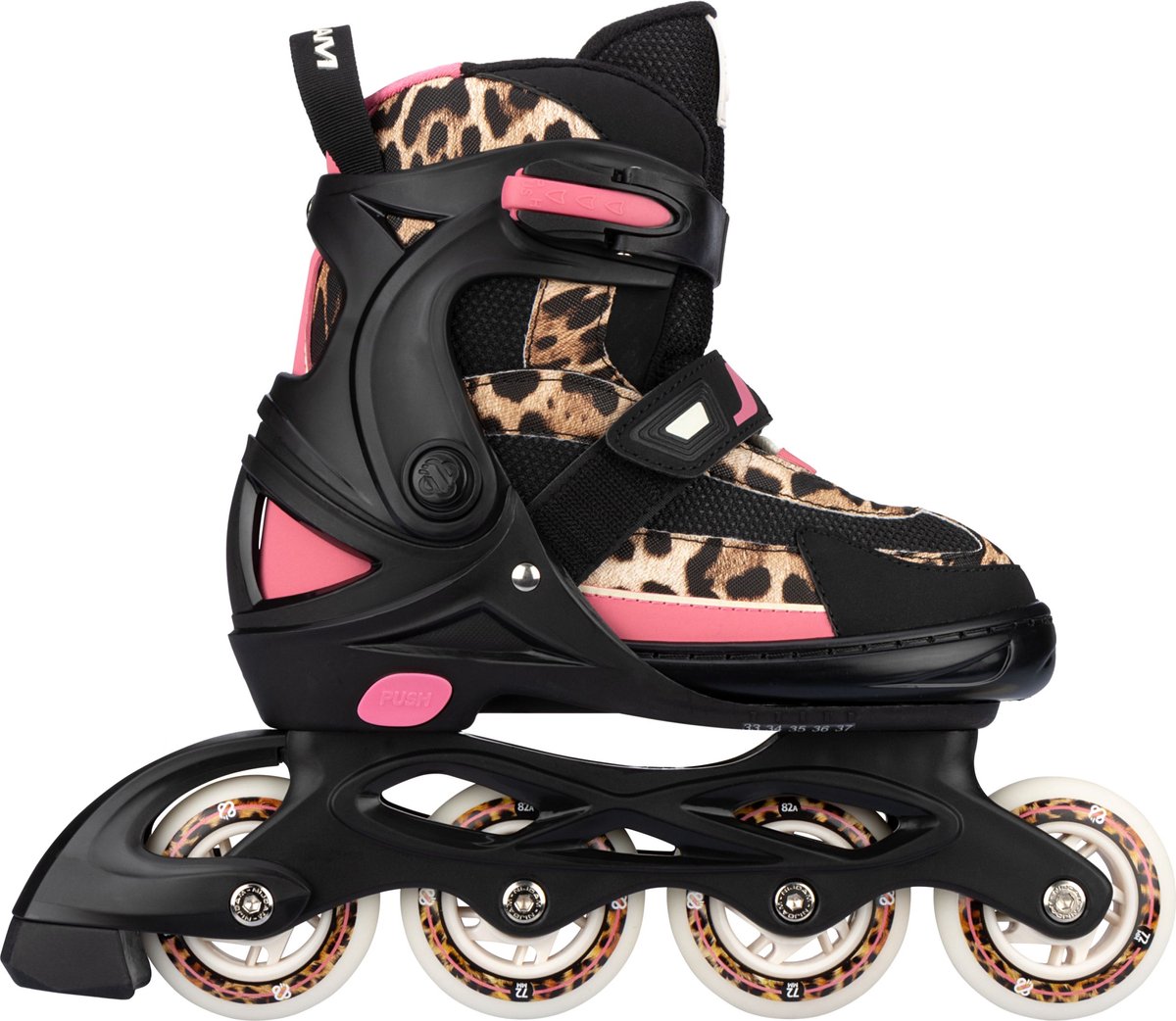 Zwarte inline skate met panterprint en roze accenten