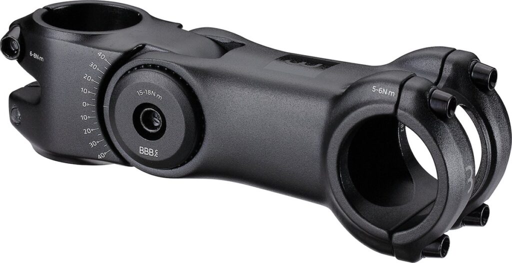 Zwarte verstelbare fietsstuurpen met scharniermechanisme.