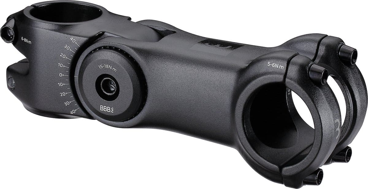 Zwarte verstelbare fietsstuurpen met scharniermechanisme.