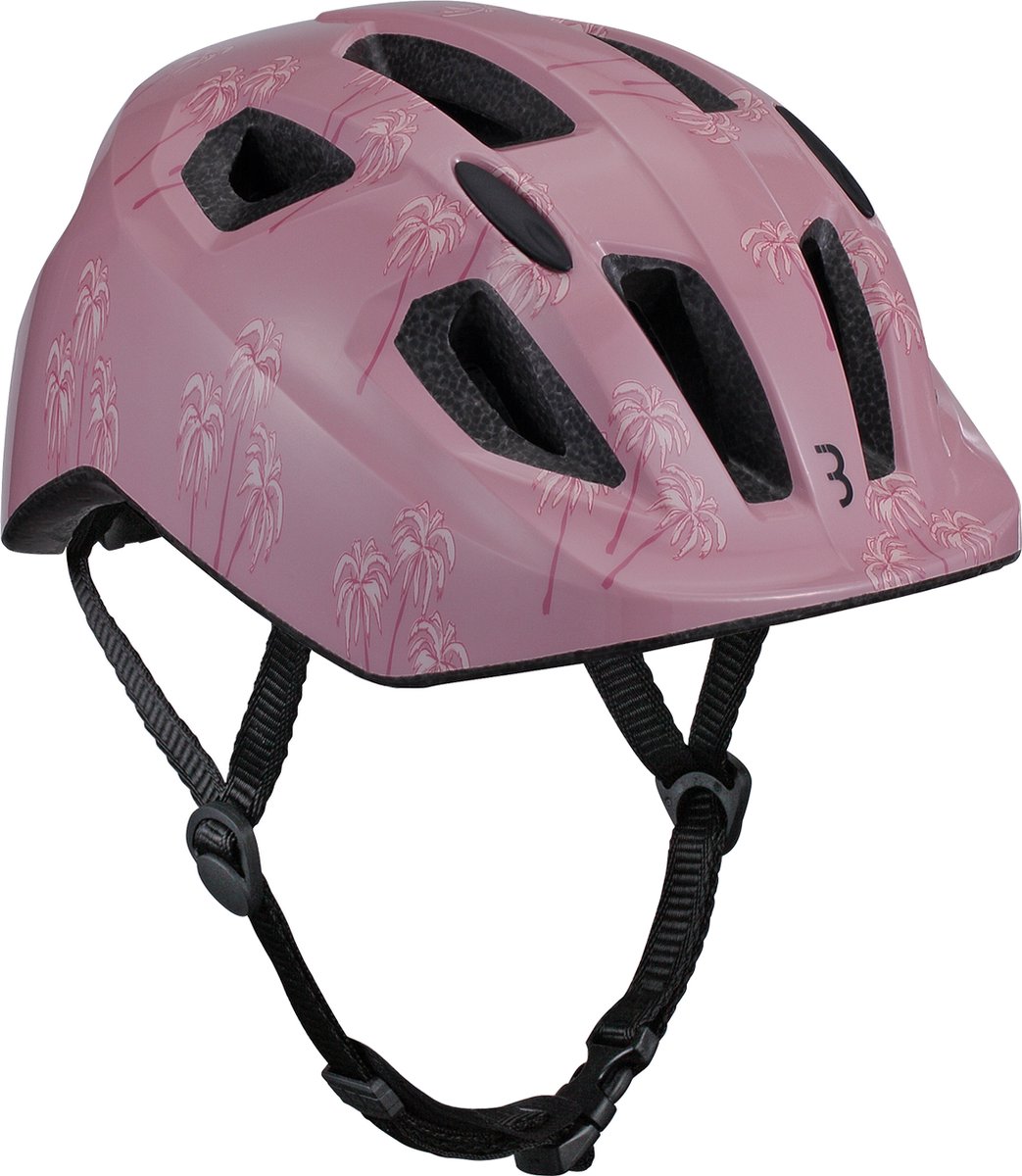 Roze fietshelm met palmboomprint en zwarte bandjes